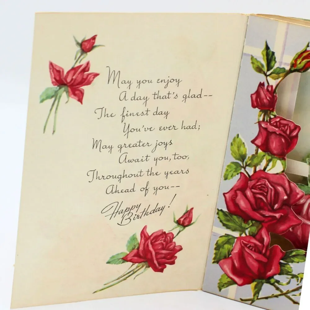 Vintage 1930s 3D Birthday Greeting Card Red Roses Garden Shadow Box Pop Up Style